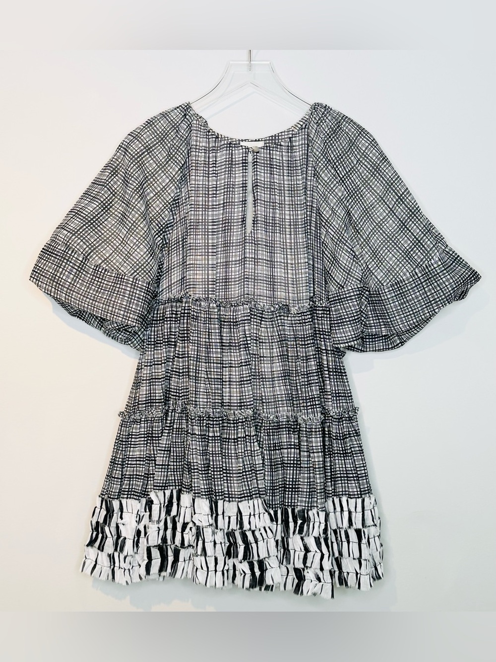 Aje Memento Black White Plaid Print Cotton Tiered Mini Dress - Picture 5 of 16